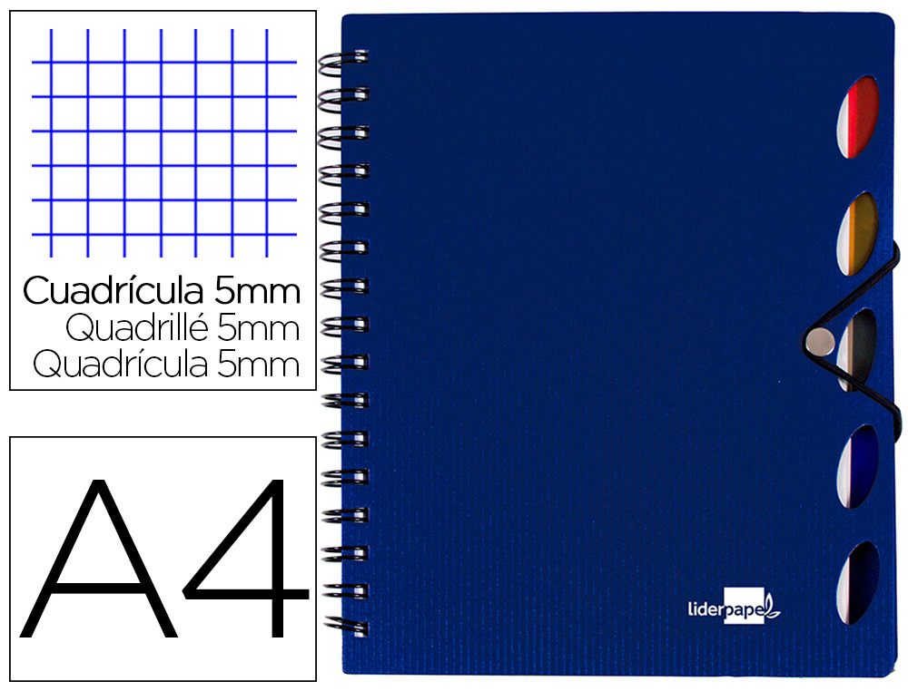 CUADERNO ESPIRAL LIDERPAPEL A4 MICRO EXECUTIVE TAPA PLASTICO 100H 80 GR CUADRO 5MM 5 SEPARADORES CON GOMILLA AZUL